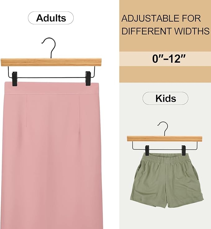 TOPIA HANGER Pants Hangers 20 Pack, Bamboo Clothes Hangers with Black Clips and Rotatable Hook, Durable Natural Wooden Hangers for Skirts, Pants, Jeans, Shorts - CTS06