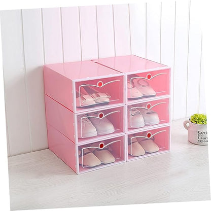 Luxshiny 6PCS Thick Transparent Stackable Shoe Boxes Plastic Storage Containers with Doors Small Pink Shoe Organizer for Closet Entryway Under Bed