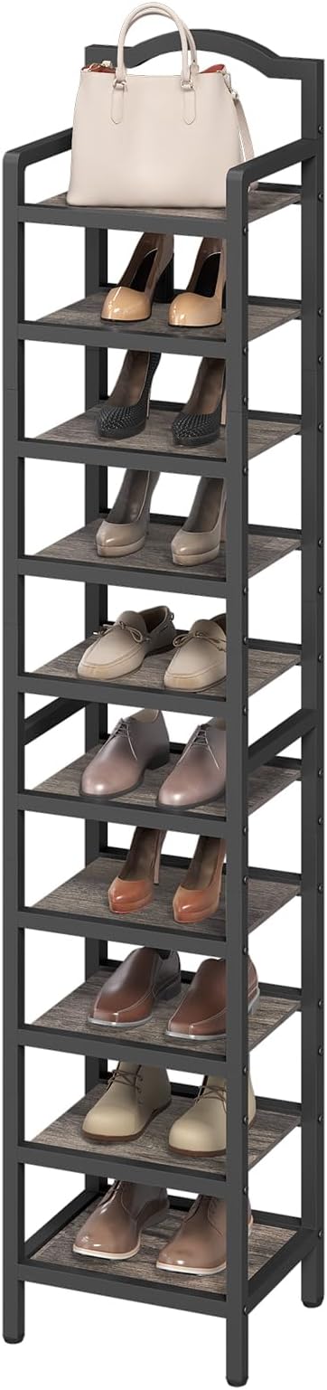 YATINEY 10-Tier Tall Shoe Rack, Vertical Shoe Organizer for Small Spaces, Wooden Shoe Shelf for Entryway, Space Saving Shoe Storage, Holds 10 Pairs of Shoes, Charcoal Gray and Black SS50BC