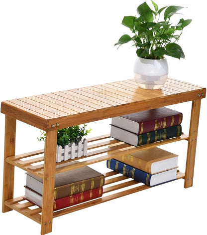 Bamboo Shoe Rack Bench 3-Tier Free Standing Wood Shoe Storage Organizer Shelf Holder Home Entryway Hallway Furniture Eco-Friendly Large Size: 34.6" L x11.1 W x 17.7" H (100% Natural Bamboo)