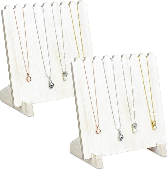 Ikee Design Set of 2 Wood Necklace Jewelry Display Stand for 8 Necklaces, Necklace Display Holder Organizer, Wash White Color