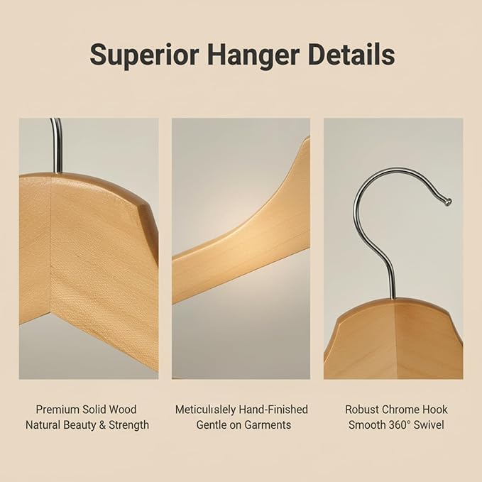 Wooden Hangers 30 Pack - Slim Rotating Hook with Non-Slip Pant Bar Durable Space-Saving Closet Organizers for Suits, Shirts & Dresses
