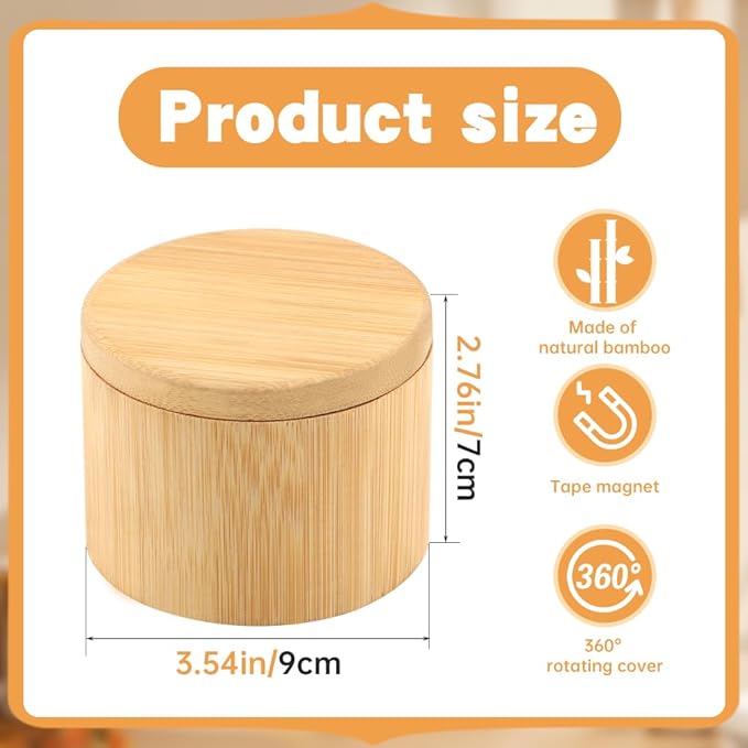 Magnetic Rotating Lid Bamboo Spice Jar with Built in Spoon, 6oz Salt Cellar Small Sal-t Box, Kitchen Salt Pepper Shaker, Easy-Pour Spice Dispenser for Sugar, Herbs, Seasonings(COLOR:Wood)