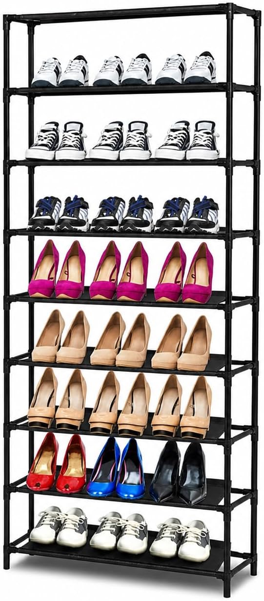 10 Tiers Tall Shoe Rack, 30 Pairs Large Capacity Shoe Organizer, Durable Steel & Non-Woven, Portable with Handle, Easy to Assemble for Closet, Bedroom, Dorm, 24.5 x 12 x 60''