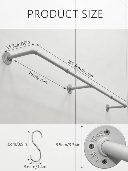 Aduanbang 65.7in Industrial Pipe Wall Mounted Clothes Rack, Heavy Duty Detachable Iron Garment Bar, Rustic Space-Saving Hanging Rod for Bedroom, Closet – Silver Gray,4 hooks