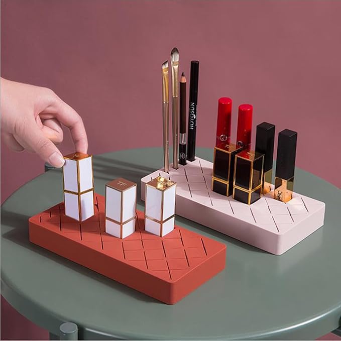 Silicone Lipstick Organizer 18+6 Slots, Lipstick Holder Stand Square Nail Polish Rack for Brush Lip Eye Stick Nail Polish Brushes Eyebrow, Wine Red