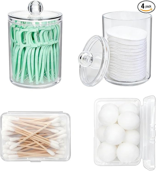 4 Pcs Qtip Holder Dispenser, 2Pcs Clear Acrylic Qtip Dispenser Apothecary Jars with Lids and 2Pcs Portable Travel Cotton Pad Holder for Cotton Ball, Swab,Pads, Rounds,Floss Picks, Hair Clips