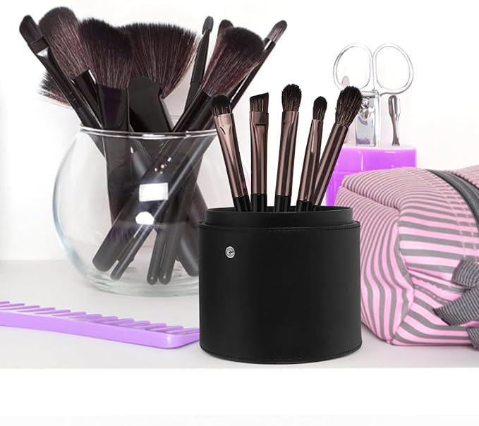 Portable Makeup Brush Holder with Lid - Elegant Pu Leather Makeup Bag Black Brush Organizer for Travel Compact Storage Bucket with Buckle Protective Lid, Easy to Clean, 7.9in X 5.19in