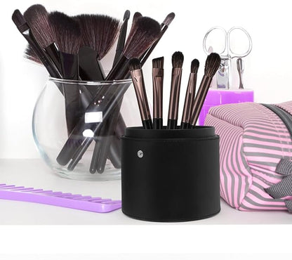 Portable Makeup Brush Holder with Lid - Elegant Pu Leather Makeup Bag Black Brush Organizer for Travel Compact Storage Bucket with Buckle Protective Lid, Easy to Clean, 7.9in X 5.19in
