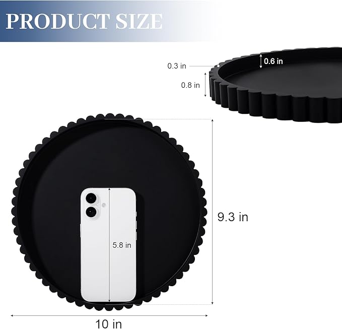 Round Bathroom Tray Silicone Kitchen Counter Decor Vanity Organizer Decorative Coffee Table Tray for Perfume, Candle, Soap Dish, 10 Inch, Black
