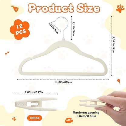12 Pcs Dog Clothes Hangers with 10 Non-Slip Clips, 360° Swivel Non-Slip Plastic Flocked Fabric Dog Hangers for Clothes