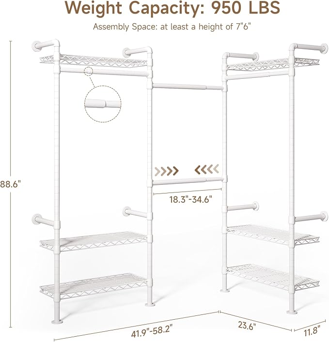 Wall Mounted Garment Rack, Walk-in Closet System with Expandable Rods, Adjustable Shelves, Industrial Pipe Clothing Racks, Hanging Clothes Organizers and Storage, Metal Closet Shelving Wardrobe
