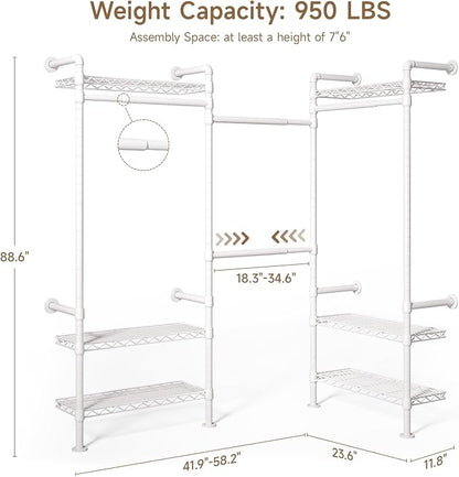 Wall Mounted Garment Rack, Walk-in Closet System with Expandable Rods, Adjustable Shelves, Industrial Pipe Clothing Racks, Hanging Clothes Organizers and Storage, Metal Closet Shelving Wardrobe