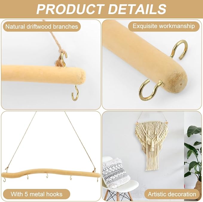 2Pcs 15 Inch Driftwood for Crafts Natural Driftwood Decorative Branches, Home Wall Hanging Decor Jewelry Organizers with 5 Hooks, Handcrafted from Natural Drift Wood for Keys Hats Entryway