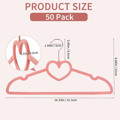 50 Pack Velvet Pink Hangers, Cute Heart Clothes Hangers with 360 Degree Swivel Hook, Non-Slip Thin Felt Hanger for Adult, Coat, Dress, Shirt, Jacket, Pants in Closet