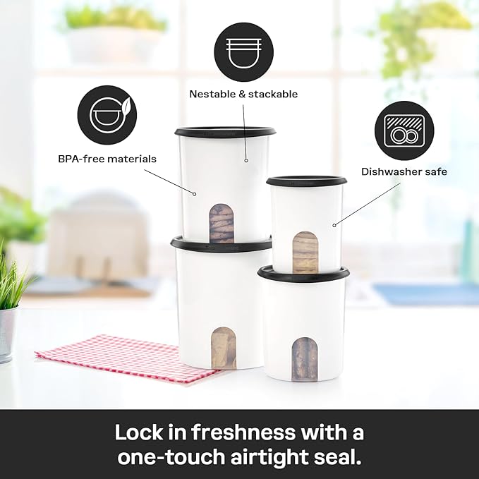 Tupperware One Touch Reminder Canisters 4 Canister Food Storage Set in White & Black, Dishwasher Safe and BPA Free, (4 Containers, 4 Lids)