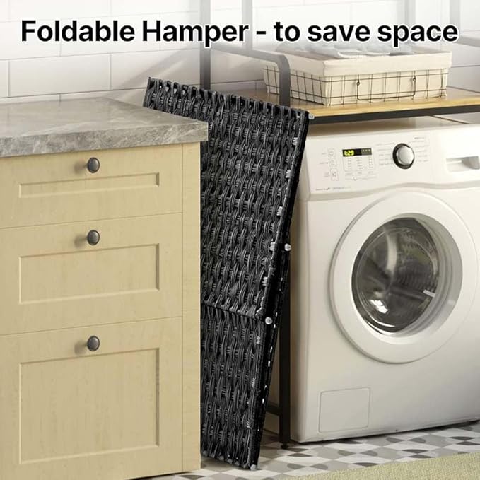 Greenstell Laundry Hamper with 2 Removable Liner Bags, Foldable Divided Clothes Hamper, 90L Handwoven Synthetic Rattan Laundry Basket with Lid and Handles, Easy to Install Black 18.3x13.3x24 Inches