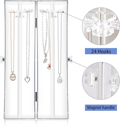 Spinning Tubular Acrylic Jewelry Storage Holder, Rotating Organizer - 24 Hooks for Dressing Table, Cosmetic Stations, Dresser, Bathroom Vanity Countertop - Holds Necklaces, Bracelets Clear