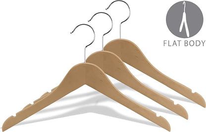 Wooden Junior Top Hanger, Natural Finish with Chrome Hardware, Box of 25