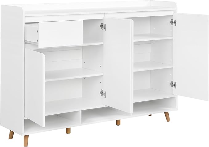 JIVOIT Shoe Cabinet with Adjustable Shelves, Drawer, Sleek and Contemporary Shoe Rack with Solid Wood Legs, Minimalist Home Organizer Storage Sideboard for Entryway, Living Room (White,167)