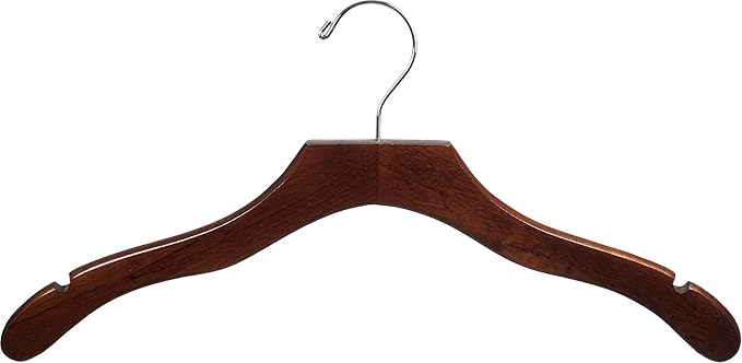 Wavy Wood Top Hanger, Box of 100 Space Saving 17 Inch Wooden Hangers w/Walnut Finish & Chrome Swivel Hook & Notches for Shirt Jacket or Dress