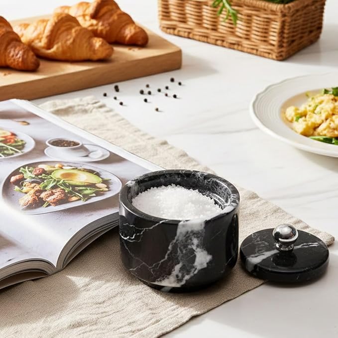 Radicaln Marble Salt Cellar with Lid 3" Black Handmade Salt Box & Spice Jar for Kitchen Counter, Ideal Salt Holder, Sugar Bowl & Salt Dish, Salt Container For Housewarming Gift & Kitchen Decor