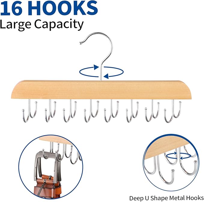 Belt Hanger for Closet, 2 Pack Closet Organizers and Storage Belt Rack Max 48 Belts, Multifunction Wooden Hanger Tie Rack