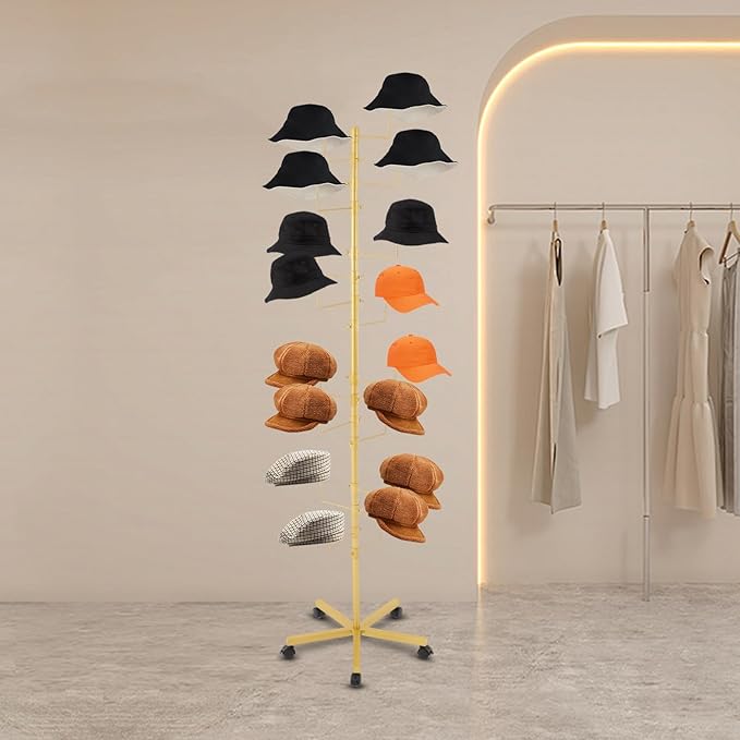 Freestanding Hat Rack - Hat Display Rack - Modern Large Freestanding Hat Rack Stand - Hat Display Stand for Cloakrooms, Entrances, Bedrooms, Clothing Stores, Trade Exhibitions (Gold)
