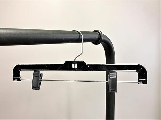 NAHANCO 8600PCLH Black Shiny Plastic Hanger, Skirt Slack, Chrome Long Hook, Black Plastic Clips, 14” (Pack of 100)