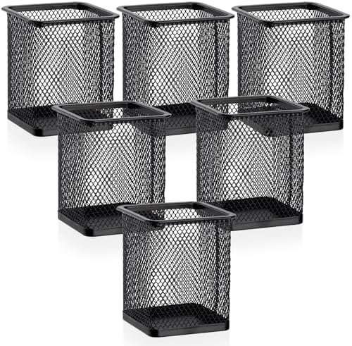 Segarty Pen Cup Holder, 6 Pack Square Black Pen Holder for Desk, Metal Mesh Pencil Cups Bulk for Office Supplies, School Classroom, Desktop Accessories, Makeup Brush by Segarty