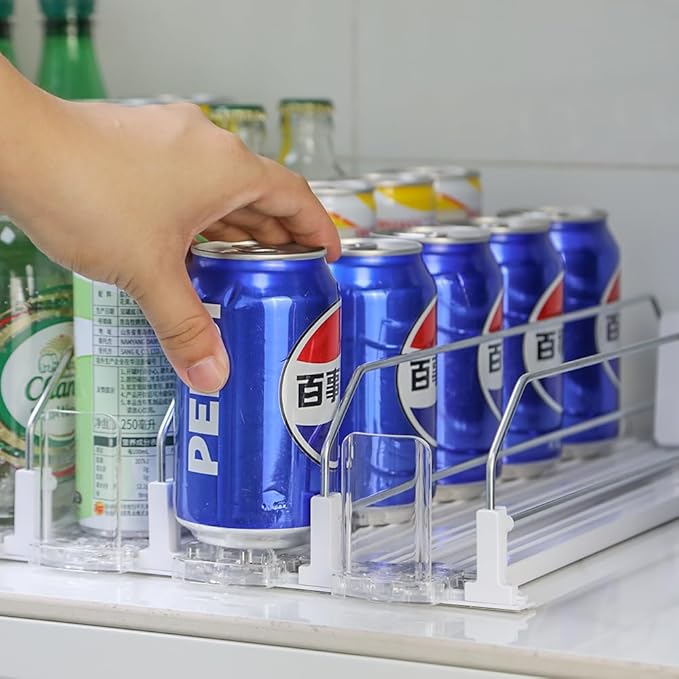 Upgraded Press-type Drink Organizer for Fridge, Capable of horizontal pushing Soda Can Dispenser for RefrigeratorSpace-Saving Automatic Drink Pusher Glide System - Holds 30 Cans (6 Rows)