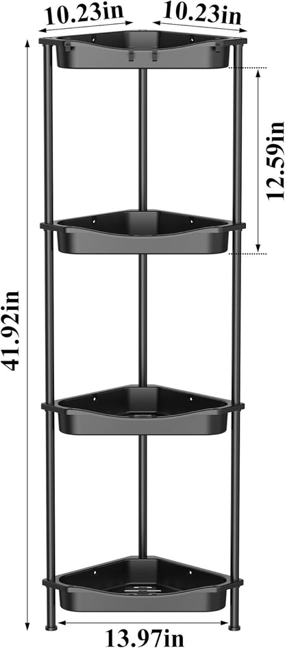 HuggieGems 4 Tier Floor Standing Corner Shower Caddy Organizer Shelf with Hooks, Bathroom Shelves Stand Rack, Jet Black