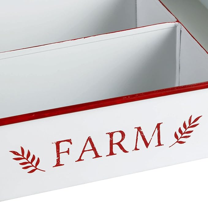Silverware Drawer Organizer Tray with 4 Slots Farmhouse Kitchen Cutlery Tray for Utensils, Spoons, Knives, Forks, Metal Flatware Holder White with Red Trim