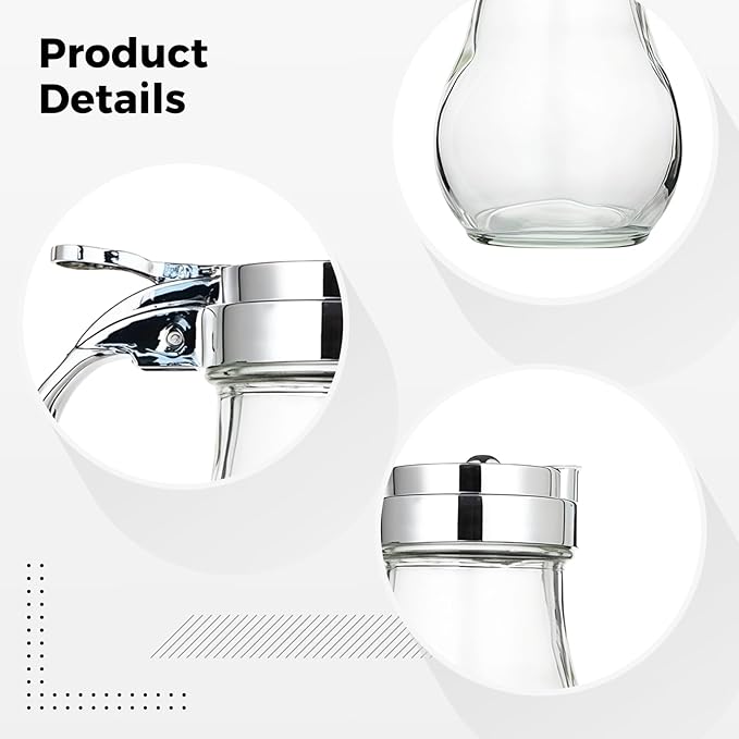 Glass and Stainless Steel Syrup Dispenser, Leakproof Lid, Countertop Sauce Bottle, 10 Cm / 4 in High, 8 X 8 Cm Base