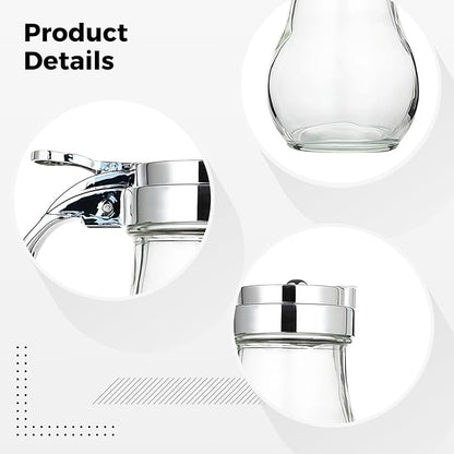 Glass and Stainless Steel Syrup Dispenser, Leakproof Lid, Countertop Sauce Bottle, 10 Cm / 4 in High, 8 X 8 Cm Base