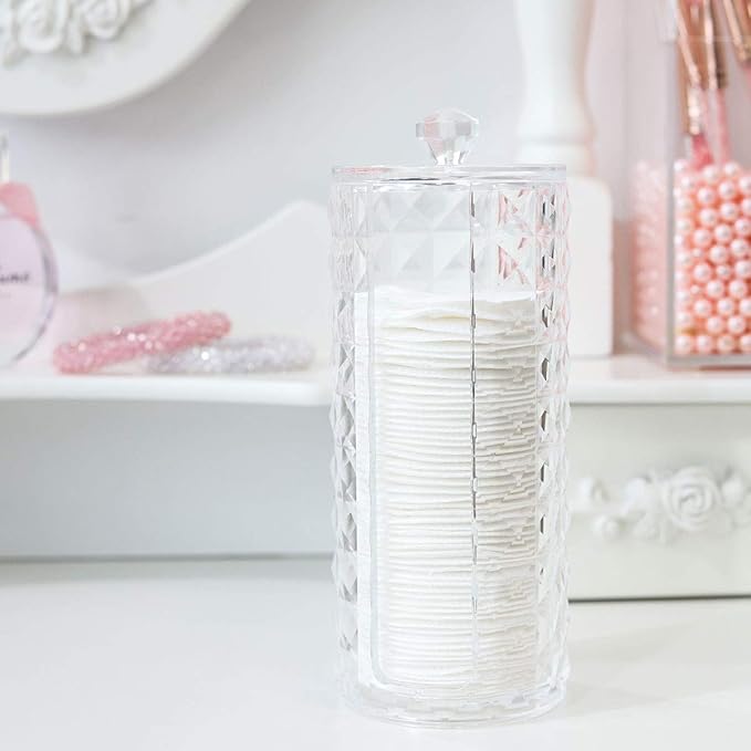 Luxspire Acrylic Makeup Cotton Round Holder, Clear Diamond Pattern Cotton Pads Organizer Container Display Stand Cosmetic Makeup Storage Box with Lid - Clear
