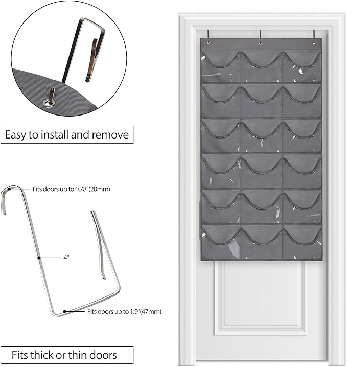 Dofilachy Hat Rack - Hat Organizer - Hat Racks for Baseball Caps, Visible Hat Holder - Baseball Hat Rack for Wall Door with 3 Hooks, 18 Deep Pockets(Grey, medium)