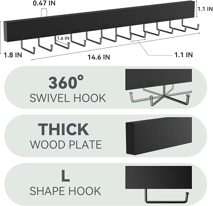Tie Rack Wall Mount, Wooden Closet Tie Hanger with 24 Metal Hooks, Large Capacity, Black, 2 Pcs
