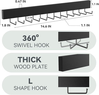 Tie Rack Wall Mount, Wooden Closet Tie Hanger with 24 Metal Hooks, Large Capacity, Black, 2 Pcs