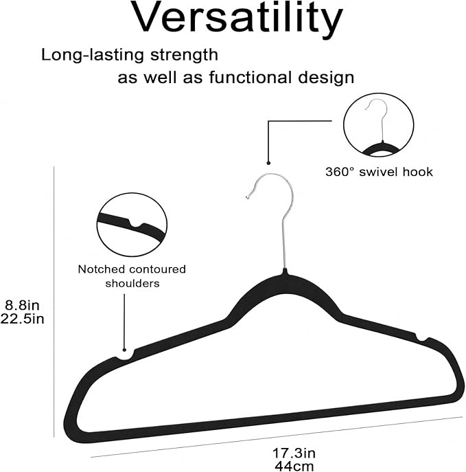 Campsie Velvet Hangers 50 Pack,Premium 360 Rotating Non-Slip Felt Hangers,Space Saving Non-Slip Clothes Hangers with Shoulder Notches,Durable Black Velvet Hangers for Coats,Suits,Dress