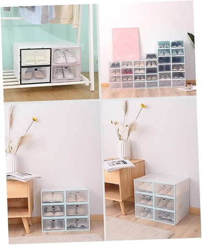 Unomor 6PCS Stackable Shoe Boxes Thickened Transparent Plastic Containers for Women White Frame Space Saving Shoe Storage Organizer for Small Closets Dorm Rooms