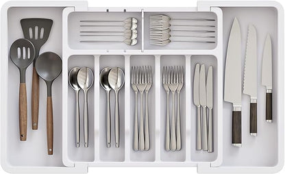 ABHENG Silverware Organizer, Expandable and Adjustable Kitchen Utensil Drawer Organizer, Plastic Cutlery Holder with Multiple Compartments, Cutlery Holder,for Spoons Forks Knives, White, UAFD011W