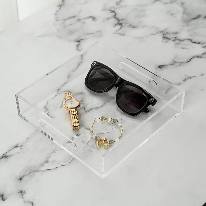 KEVLANG Clear Sturdy Acrylic Tray with Handles-8"x8"x2"H-Countertop Organizer Tray for Kitchen,Bathroom,Office- Storage Box for Cosmetics, Jewelry,Toiletries,Toy,Gadgets