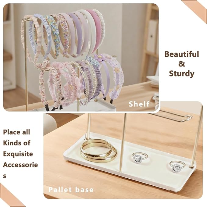 Headband Holder Organizer Metal 2-Tier with Tray, Necklace Storage Hairband Rack Hair Accessories Display Stand Stand Home Bedroom College Dorm Decor for Girls Women (Gold)