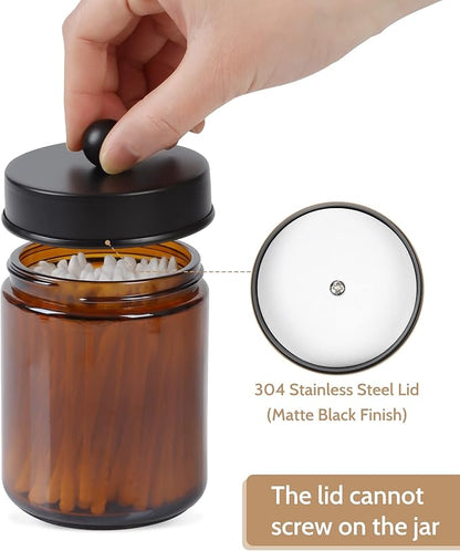 2-Pack Bathroom Apothecary Storage Jars, Vanity Countertop Canister, Glass Jars Q-tip Holder, Cotton Swab Container, Bathroom Storage Container with 8 Pcs Waterproof Labels