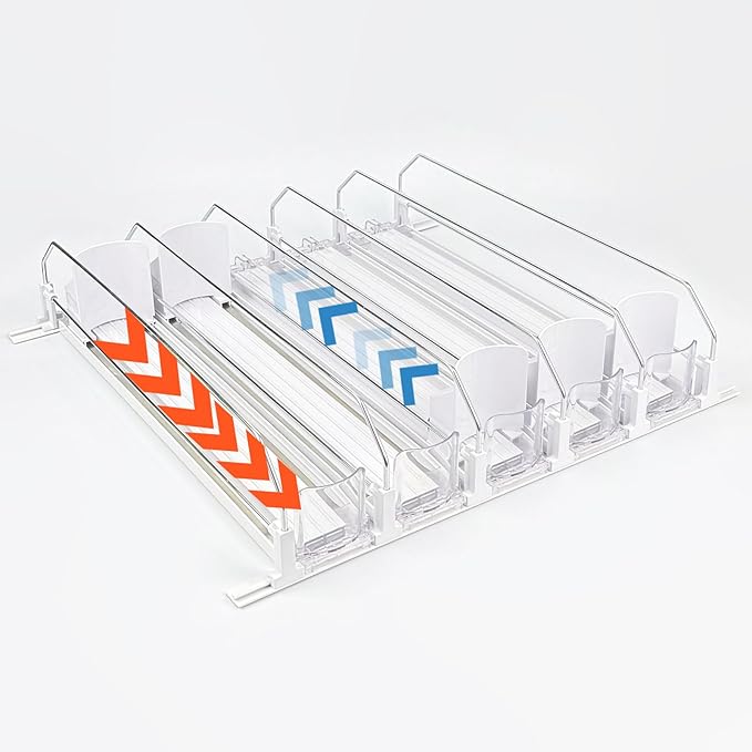 Drink Organizer for Fridge, Self Pushing Soda Can Dispenser for Refrigerator, Automatic Beverage Pusher Glide Beer Water Bottle Holder -5 Rows, White