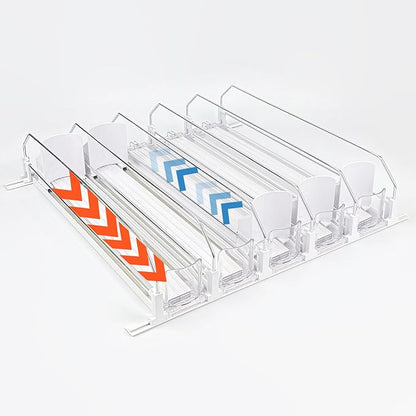 Drink Organizer for Fridge, Self Pushing Soda Can Dispenser for Refrigerator, Automatic Beverage Pusher Glide Beer Water Bottle Holder -5 Rows, White