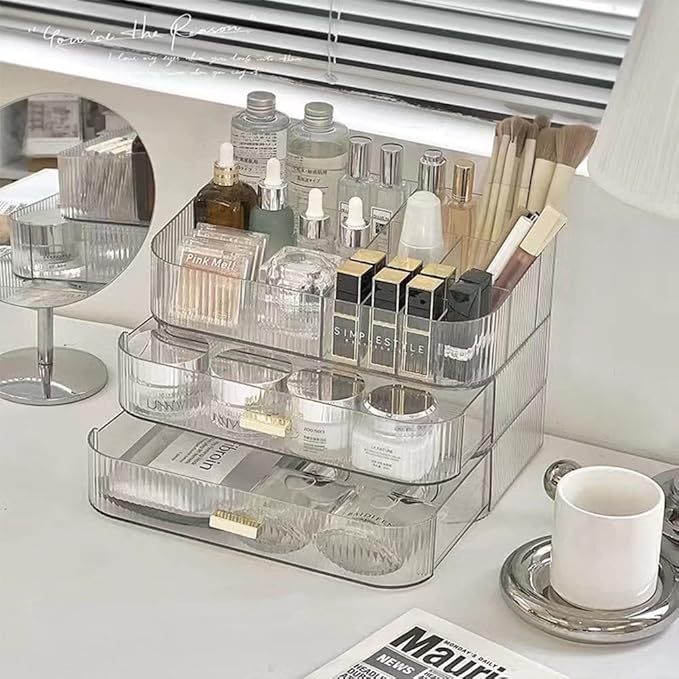 Stackable Makeup Organizer Drawers, Bathroom Vanity Organizers and Storage, Ideal for Desk and Dresser Countertops, Great for Cosmetics, skincare, Lipsticks, Nail Care -Clear