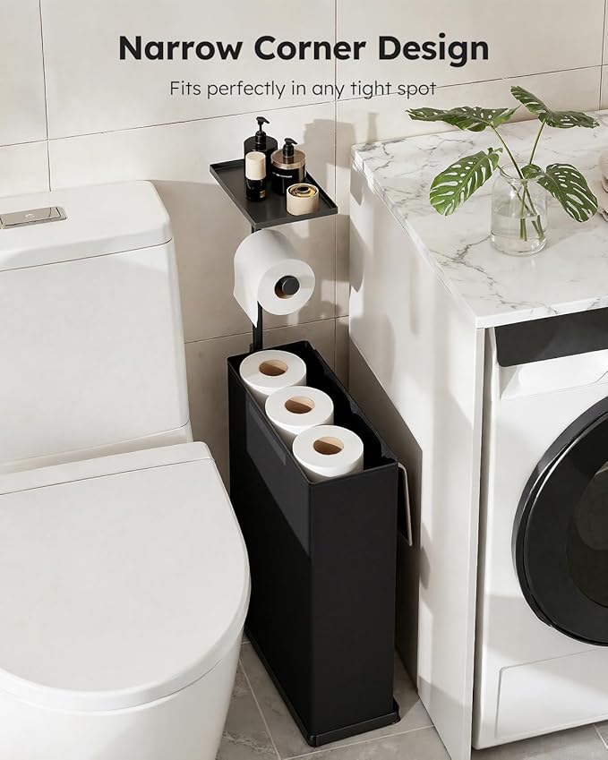 30" H Toilet Paper Holder Stand with Storage for Up to 12 Rolls,Rustproof Free Standing Toilet Paper Stand with Shelf,All-in-One Toilet Tissue Roll Dispenser and Organizer with a Basket,Black