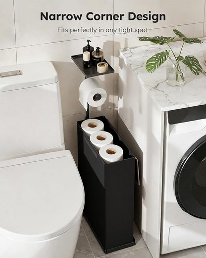 30" H Toilet Paper Holder Stand with Storage for Up to 12 Rolls,Rustproof Free Standing Toilet Paper Stand with Shelf,All-in-One Toilet Tissue Roll Dispenser and Organizer with a Basket,Black